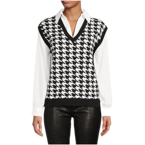 Adrianna Papell Black Houndstooth Sweater Vest Layered Collared Shirt 90s Twee - Picture 1 of 12